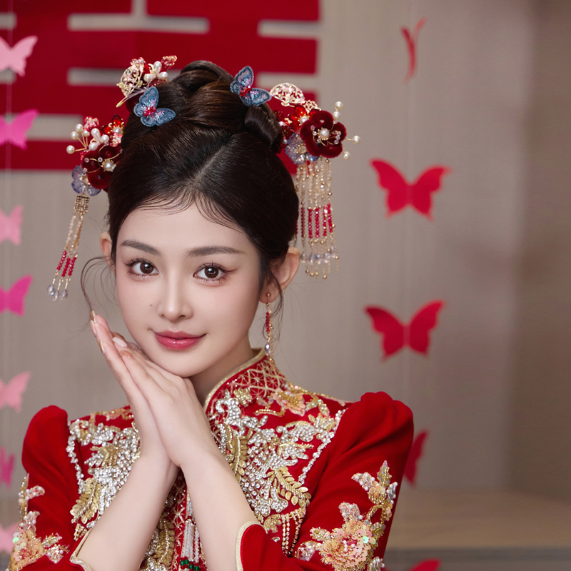 合金婚庆饰品 新娘头饰中式蓝色蝴蝶绒花造型秀禾服结婚发饰0116