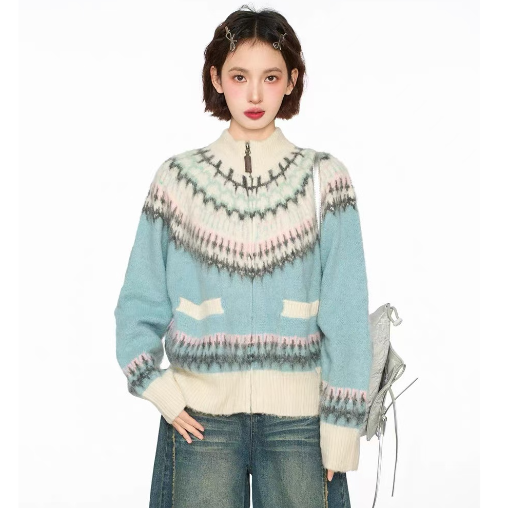 【丂枧家】费尔岛拉链立领拉毛毛衣外套女冬季加厚半高领针织开衫