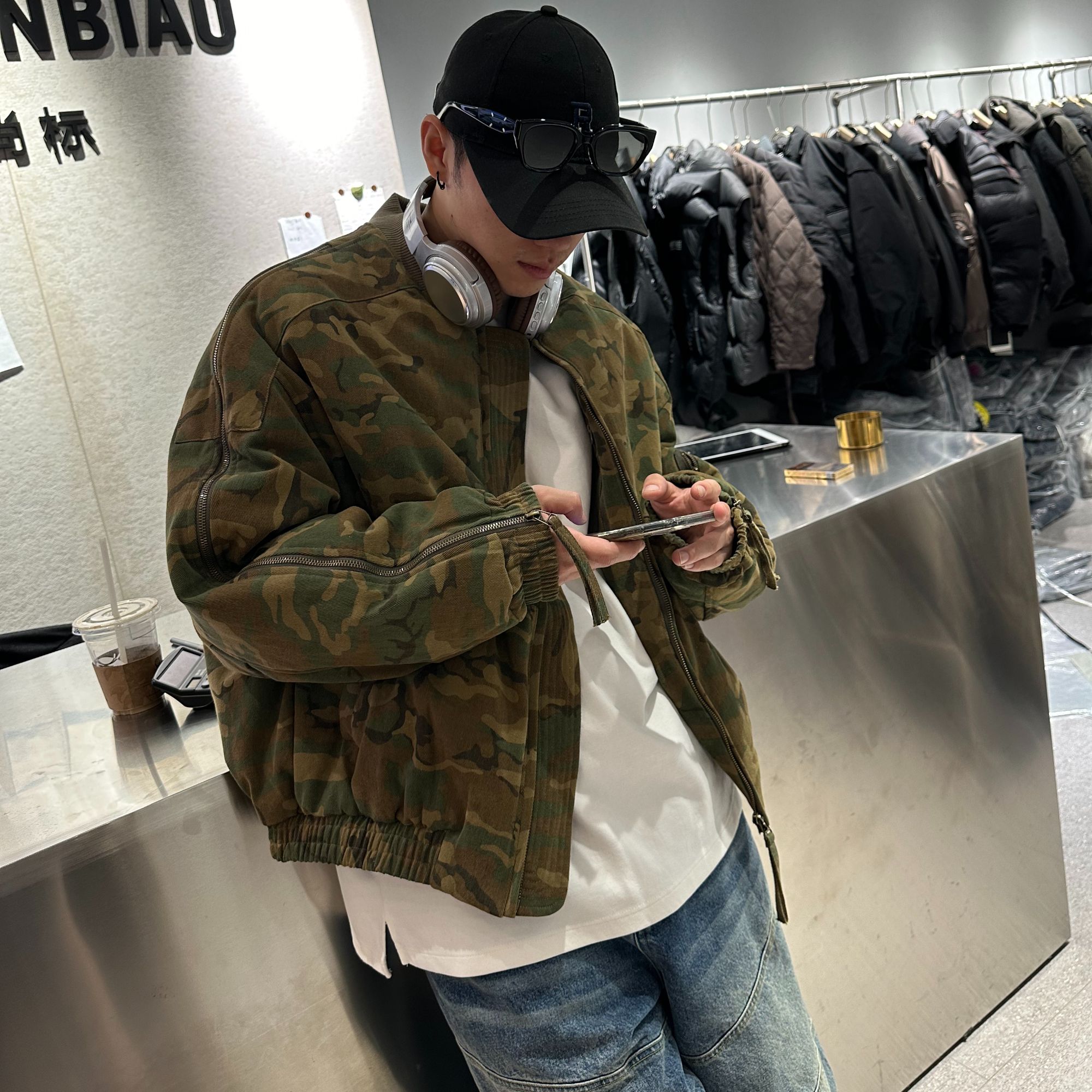 冬季复古迷彩飞行夹克牛仔外套男