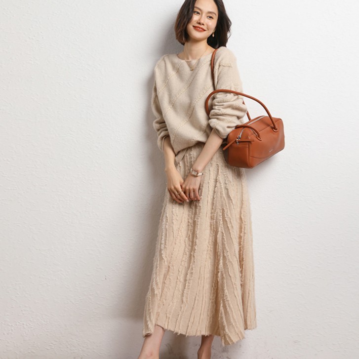 【羊绒系列】复古山羊绒女宽松高腰百褶裙时尚气质流苏针织伞裙优雅