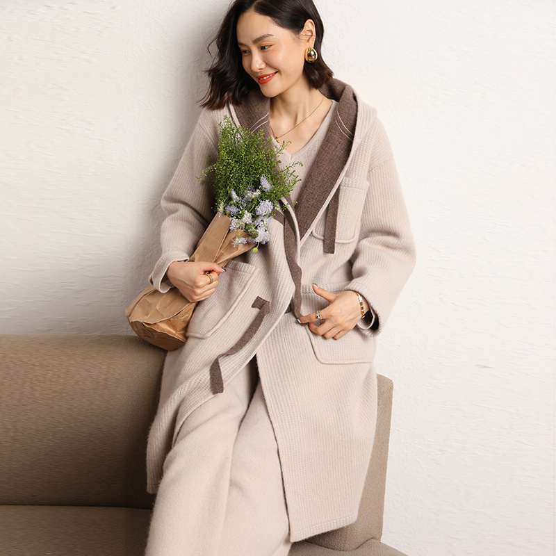 山羊绒秋冬新款女装重工双面提花连帽中长款宽松系带大衣外套