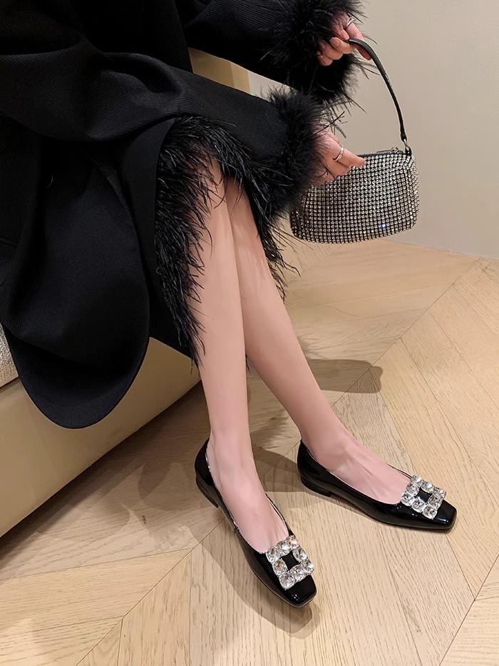 法式时尚腔调～！方头气质水钻方扣平底浅口单鞋女方头玛丽珍鞋女鞋