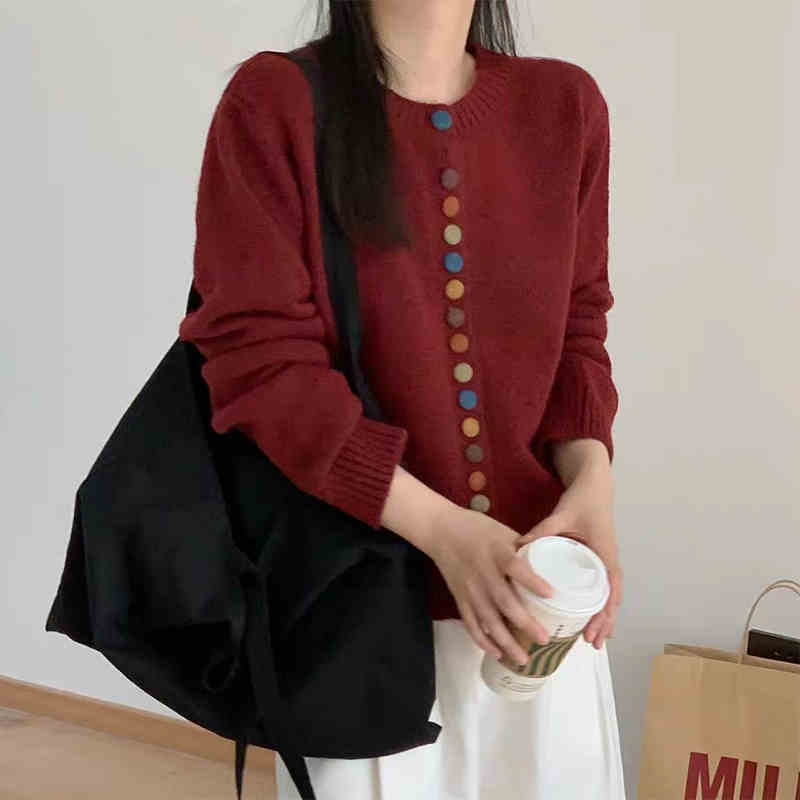韩系开衫外套女彩色扣子复古毛衣百搭减龄洋气长袖圆领宽松显瘦