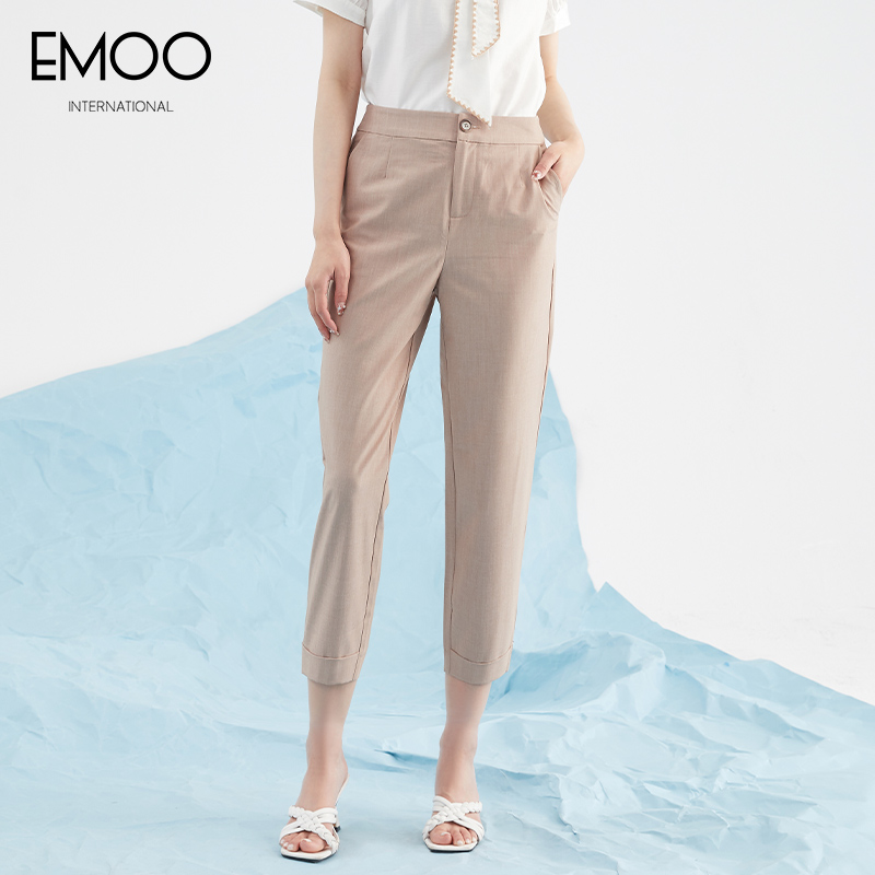 EMOO/杨门卡其色夏季高腰显瘦时尚通勤舒适七分裤弹力E22B283601