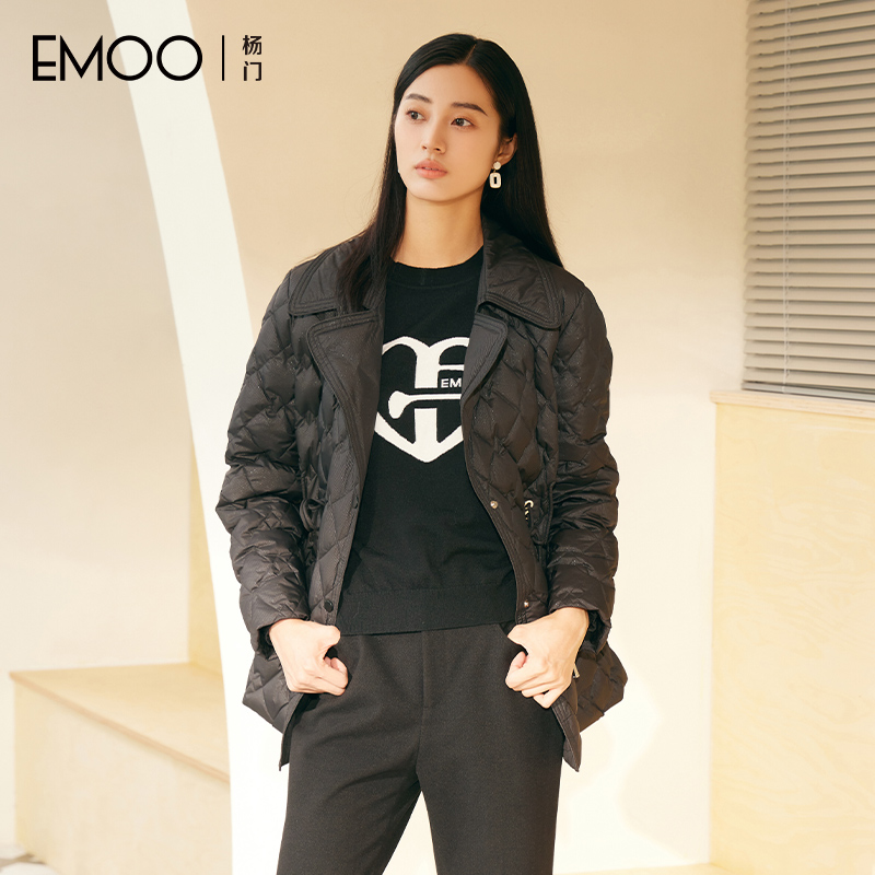 EMOO/杨门黑色短款羽绒服外套女长袖轻薄白鸭绒外套E43Y019174
