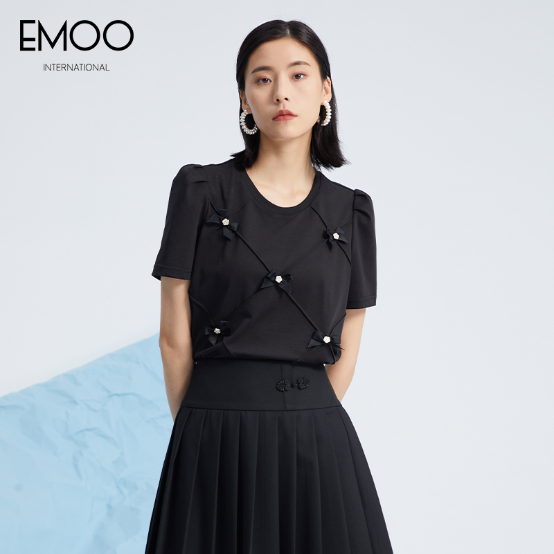 EMOO/杨门黑色短袖T恤夏季通勤显瘦圆领气质时尚百搭E22X022152