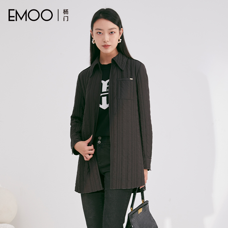 EMOO/杨门衬衣棉衣冬装黑色轻薄外套女长袖衬衫领棉服E43E188278