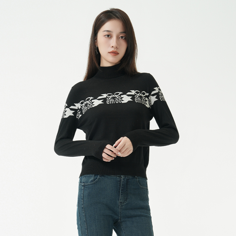 EMOO/杨门高领毛衫长袖针织衫女黑色提花套头毛衣冬季E43A011200