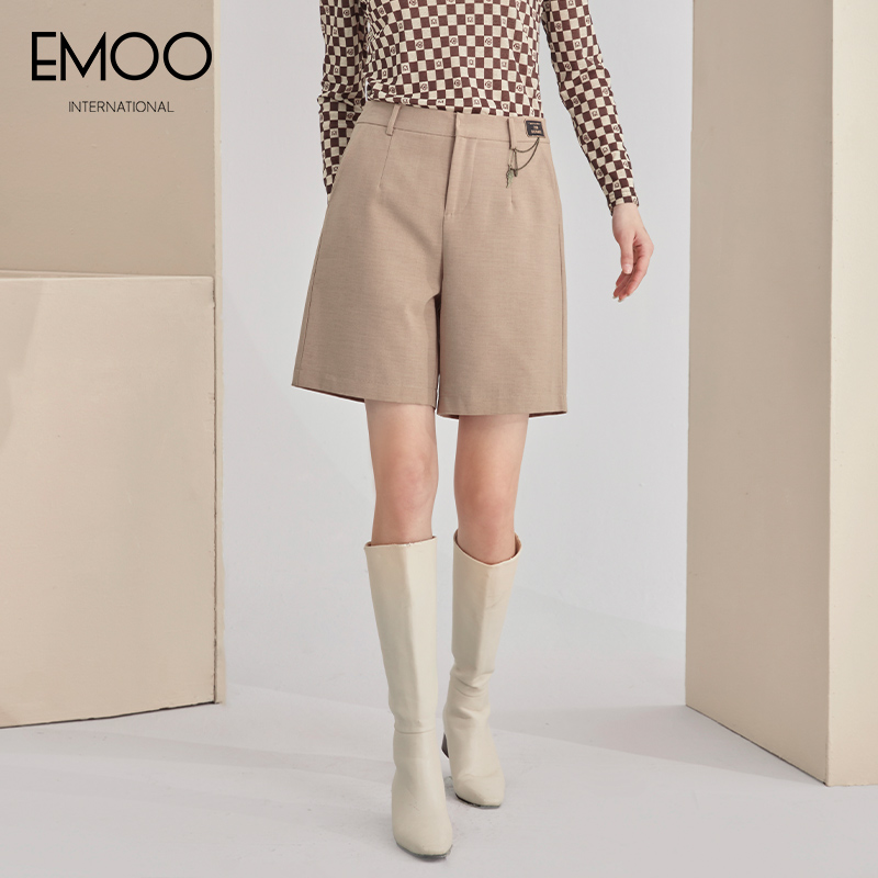 EMOO/杨门秋新款高腰驼色短裤直筒显瘦时尚宽松百搭E32B113175