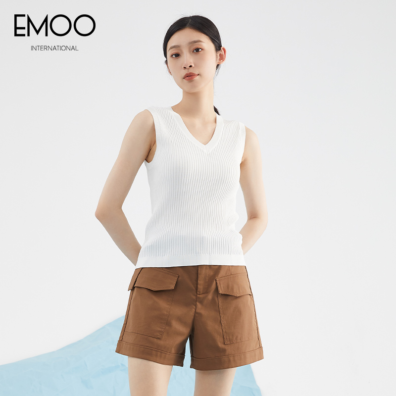 EMOO/杨门白色背心夏季休闲女士纯色无袖简约百搭舒适E22Z011149