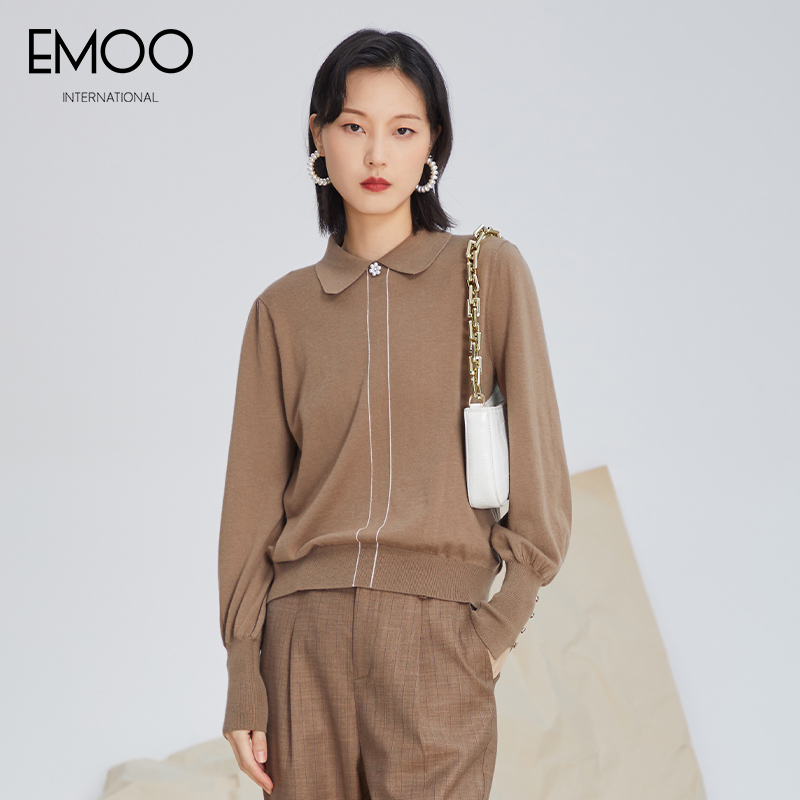 EMOO/杨门秋新款驼色长袖翻领套头毛衫时尚休闲百搭E32A011208