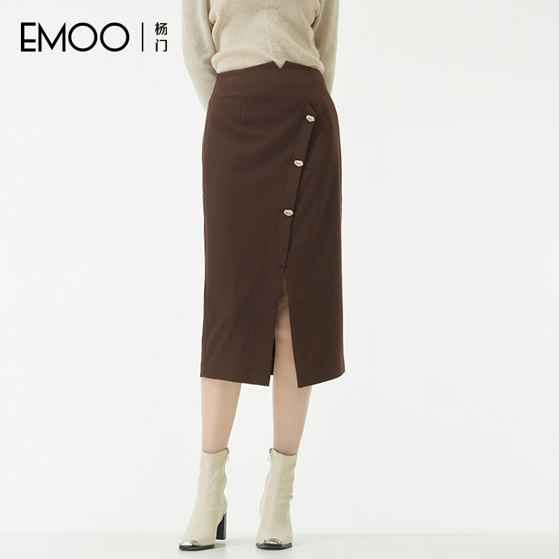 EMOO/杨门高腰半身裙女冬季美拉德咖啡色气质中长款E43C012324