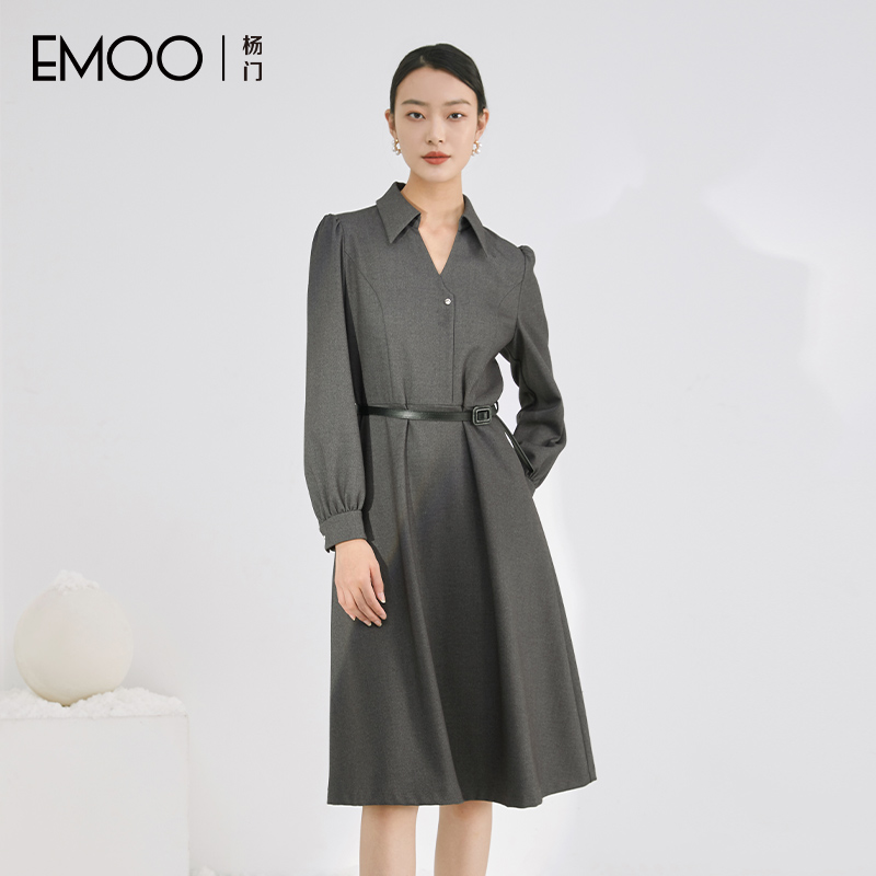 EMOO/杨门长袖连衣裙女通勤风泡泡袖高腰中长裙衬衫裙E43L033134