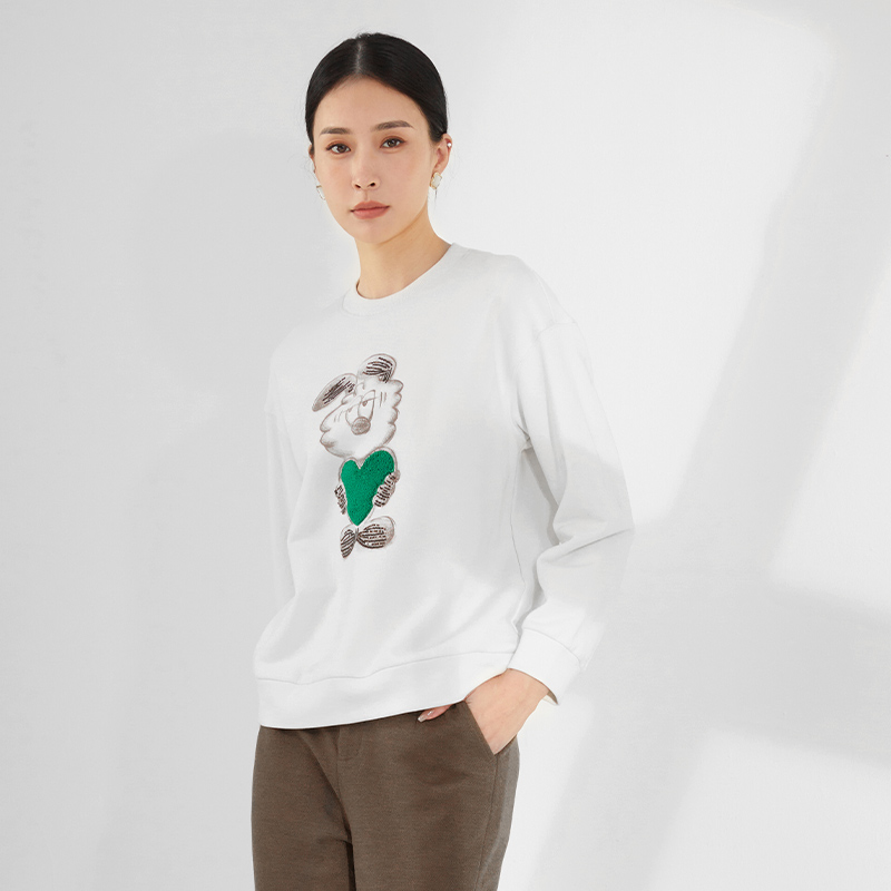 EMOO/杨门秋冬装2023白色圆领长袖纯棉女士卫衣合集E42X012138