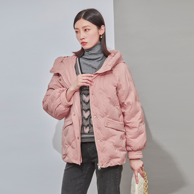 EMOO/杨门羽绒外套女粉色拉链开衫纯色短外款2023冬装E42Y019256