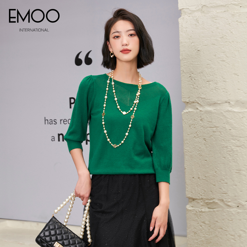 EMOO/杨门秋新款绿色时尚长袖百搭气质纯色套头毛衫E32A011073