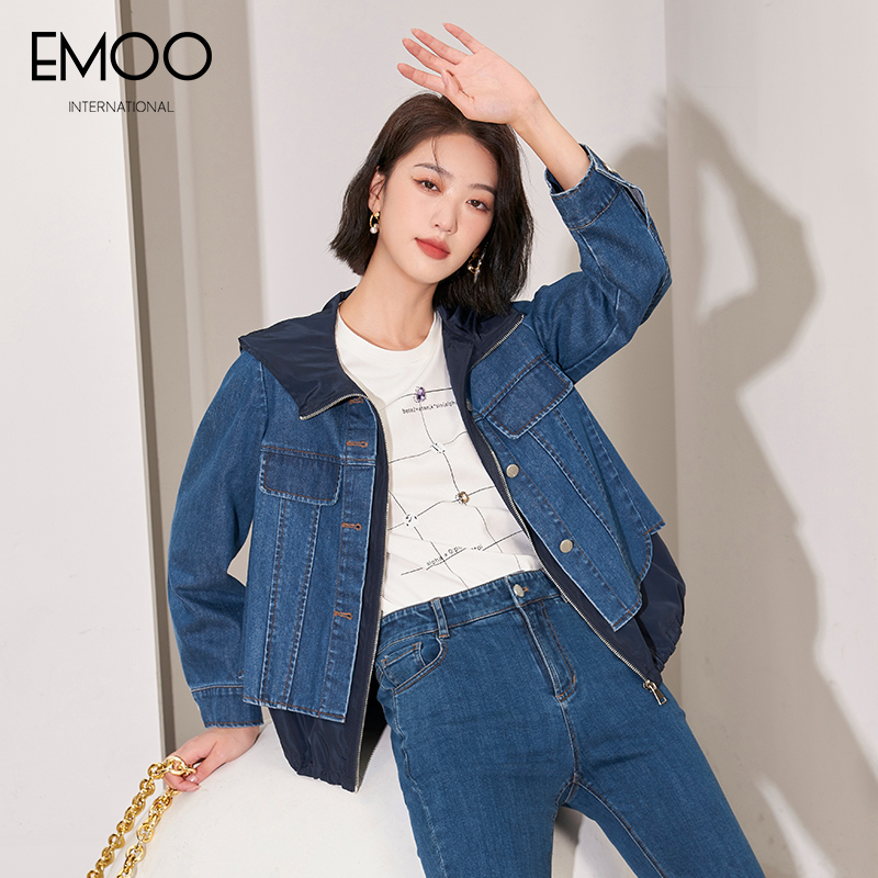 EMOO/杨门秋新款牛仔蓝长袖连帽短外套时尚气质百搭E32W164192
