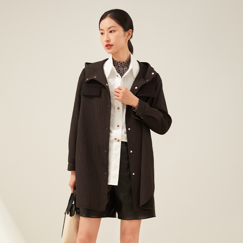 EMOO/杨门连帽风衣外套女黑色长袖外套宽松休闲秋季E33W013503