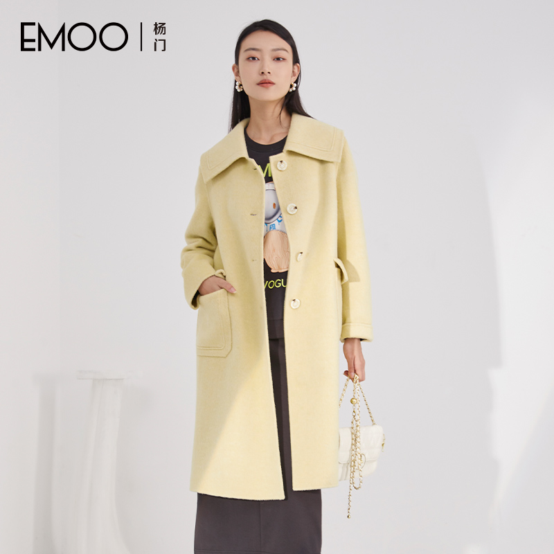 EMOO/杨门中长款毛呢外套女单排扣黄色双面呢秋冬大衣E43D037367