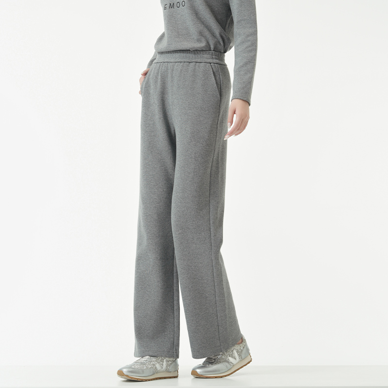 EMOO/杨门灰色休闲长裤女针织运动裤松紧腰直筒长裤E43B013077