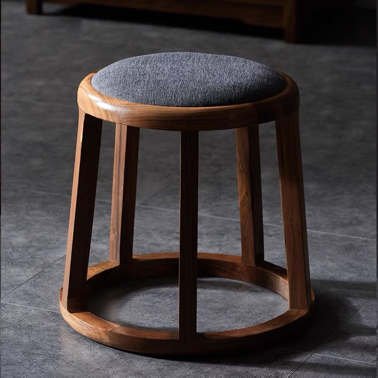 仰木者实木新中式圆凳禅意喝茶凳老榆木软包凳子家用换鞋凳化妆凳