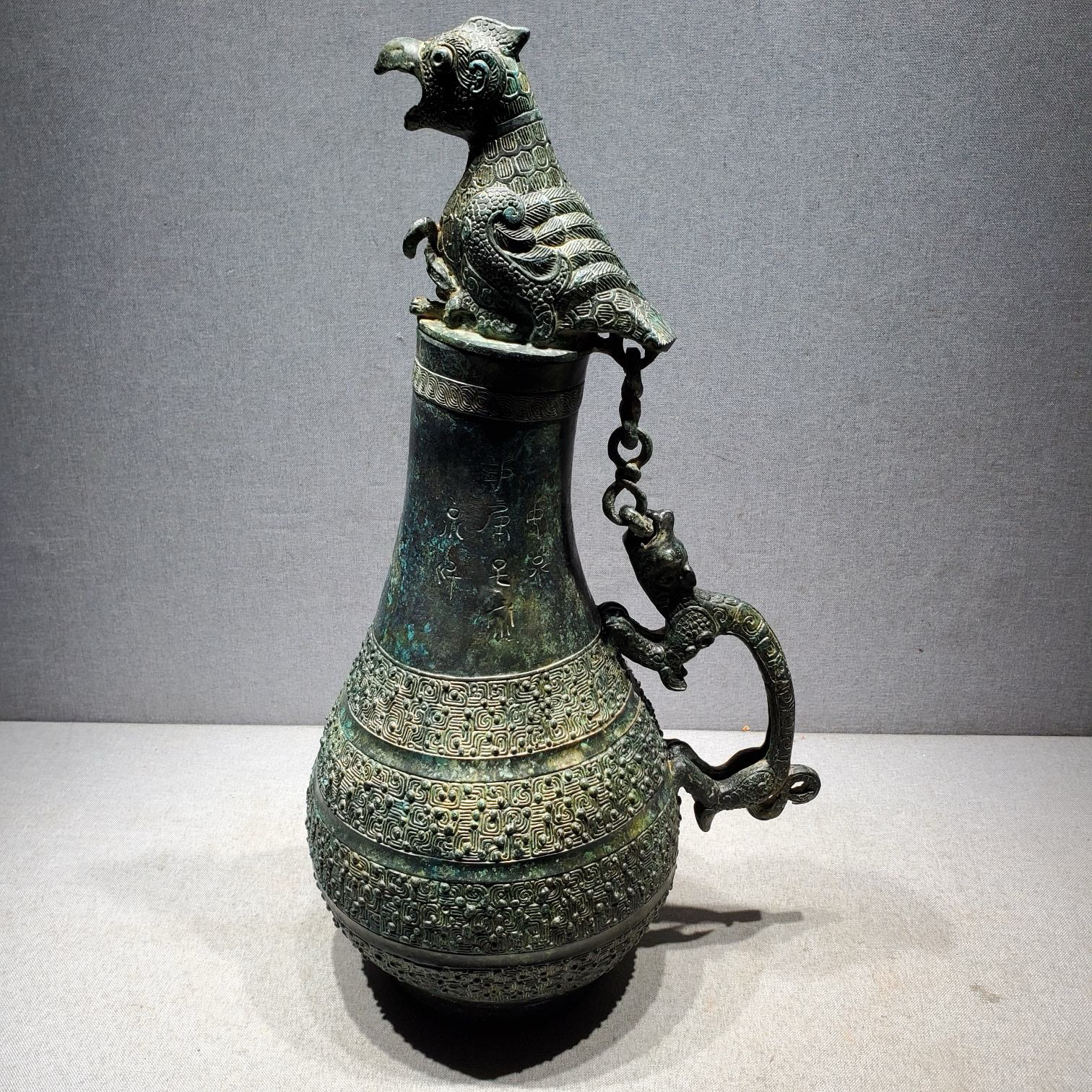 古铜坊复刻春秋青铜器青铜蟠龙纹匏瓜壶歪脖鹰酒壶仿古青铜器