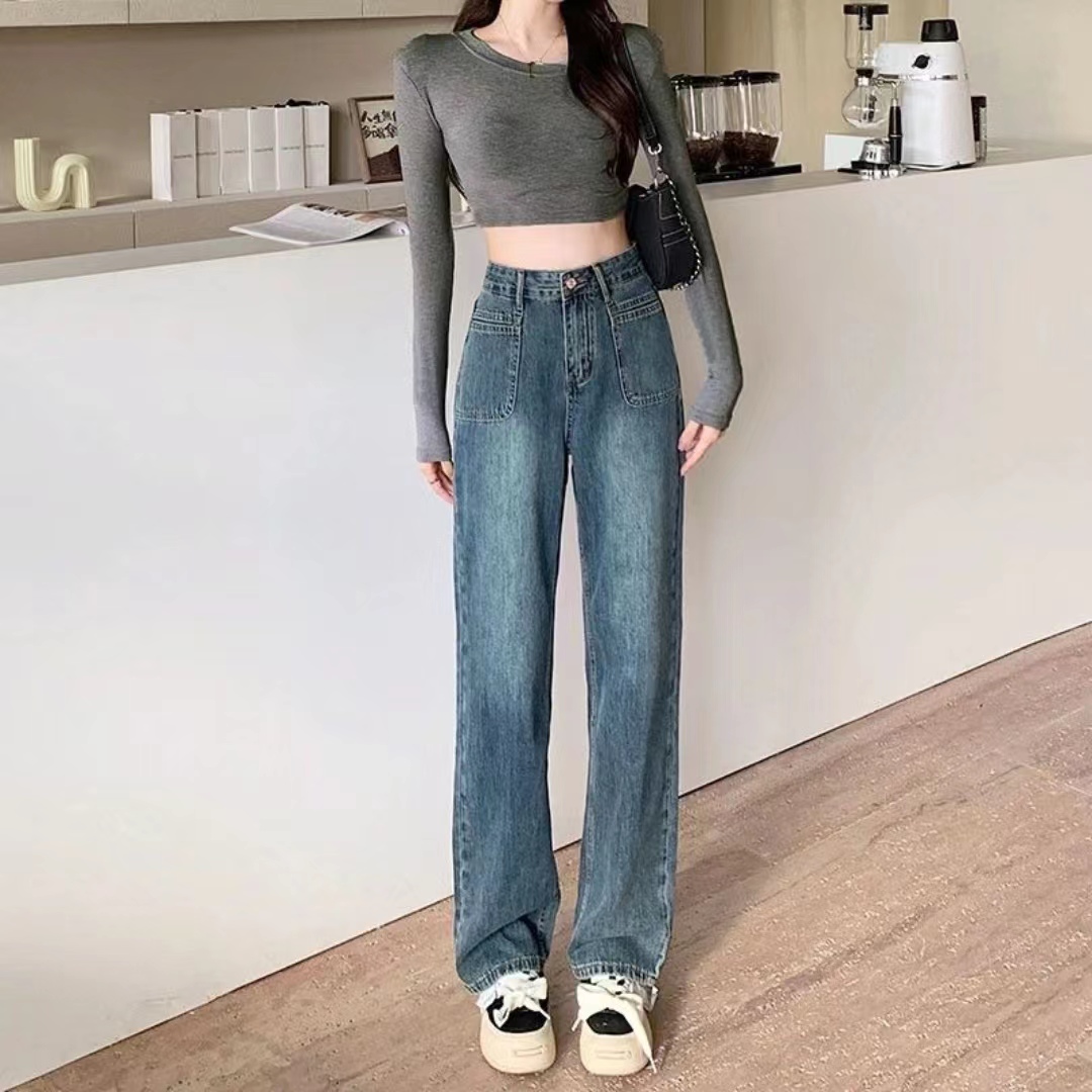 复古小个子阔腿牛仔裤女直筒宽松春夏2025新款高腰设计感垂感拖地
