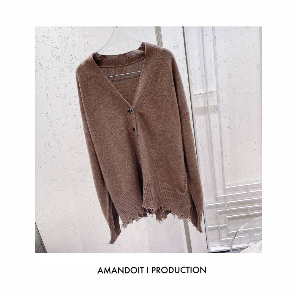 3715丨极简主义者破损边羊绒长款毛衣开衫