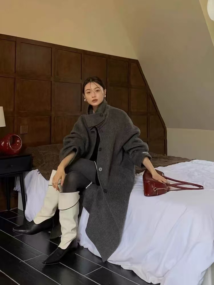 立领双面某羊外套女冬季新款单排扣宽松显瘦气质大衣