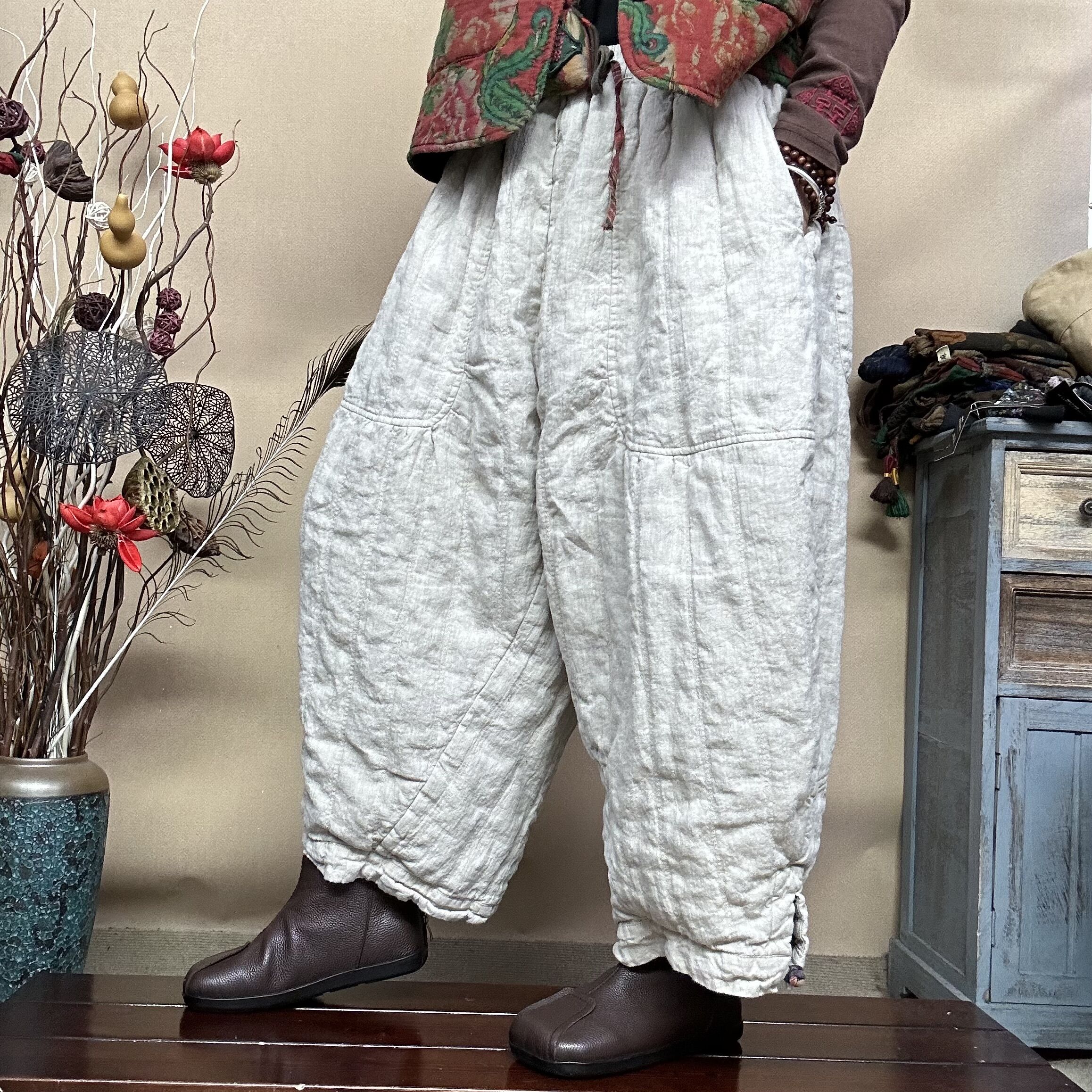 【语禾】MGN高货砂洗亚麻炒色绗缝加棉灯笼裤盘扣棉裤 长83臀围132