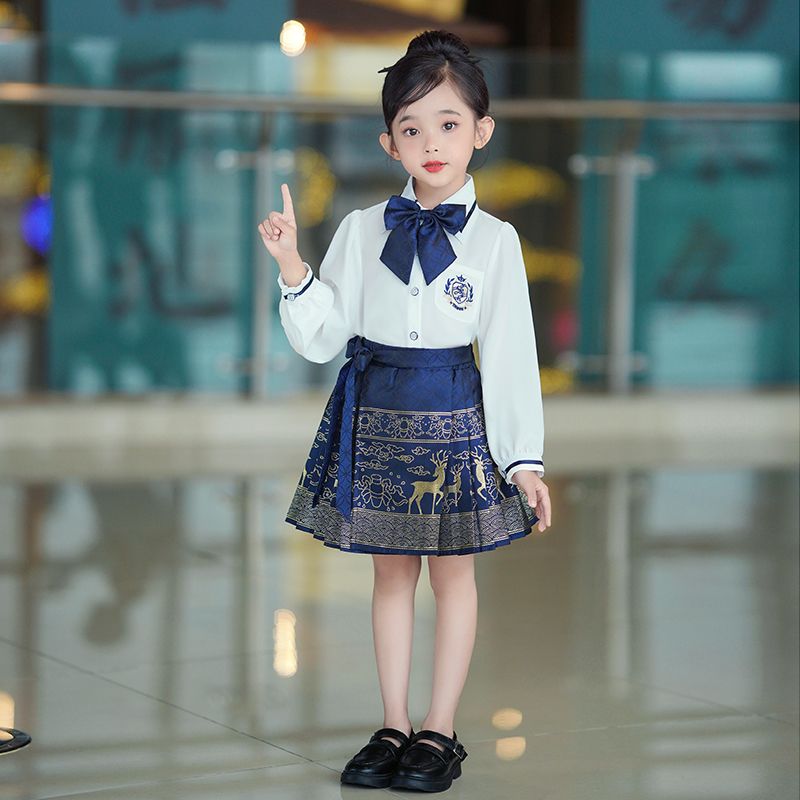 女童夏季马面裙套装2023新款儿童女孩洋气时尚JK学院风短袖半身裙