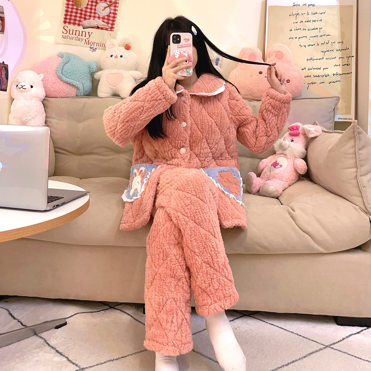 珊瑚绒睡衣女秋冬季三层夹棉加绒加厚2024新款女士家居服可外出