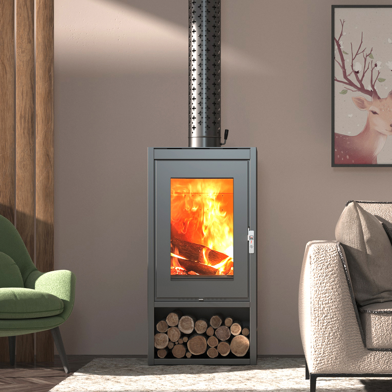 一号竖款50型双层热对流柴火炉真火家用燃木壁炉及套餐壁炉柴火炉