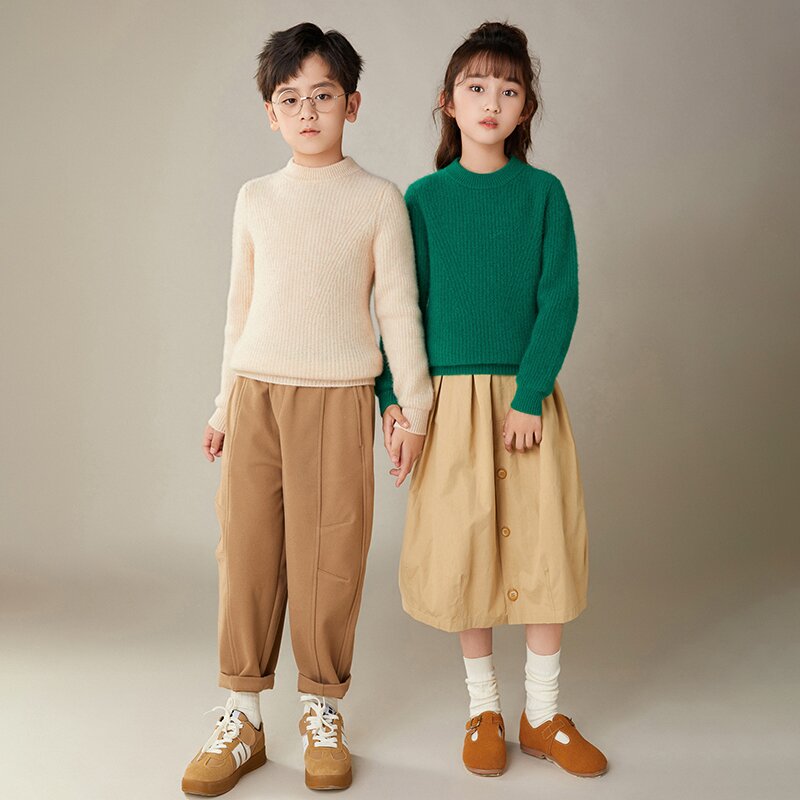 100儿童羊毛衫加厚元宝针毛衣女童休闲纯色保暖圆领秋冬男童大童