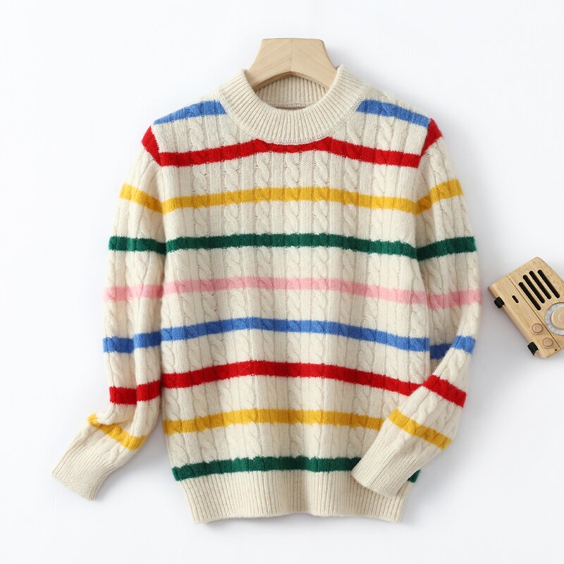 新款儿童羊毛衫彩条针织加厚毛衣时尚女士宽松条纹圆领加厚高领