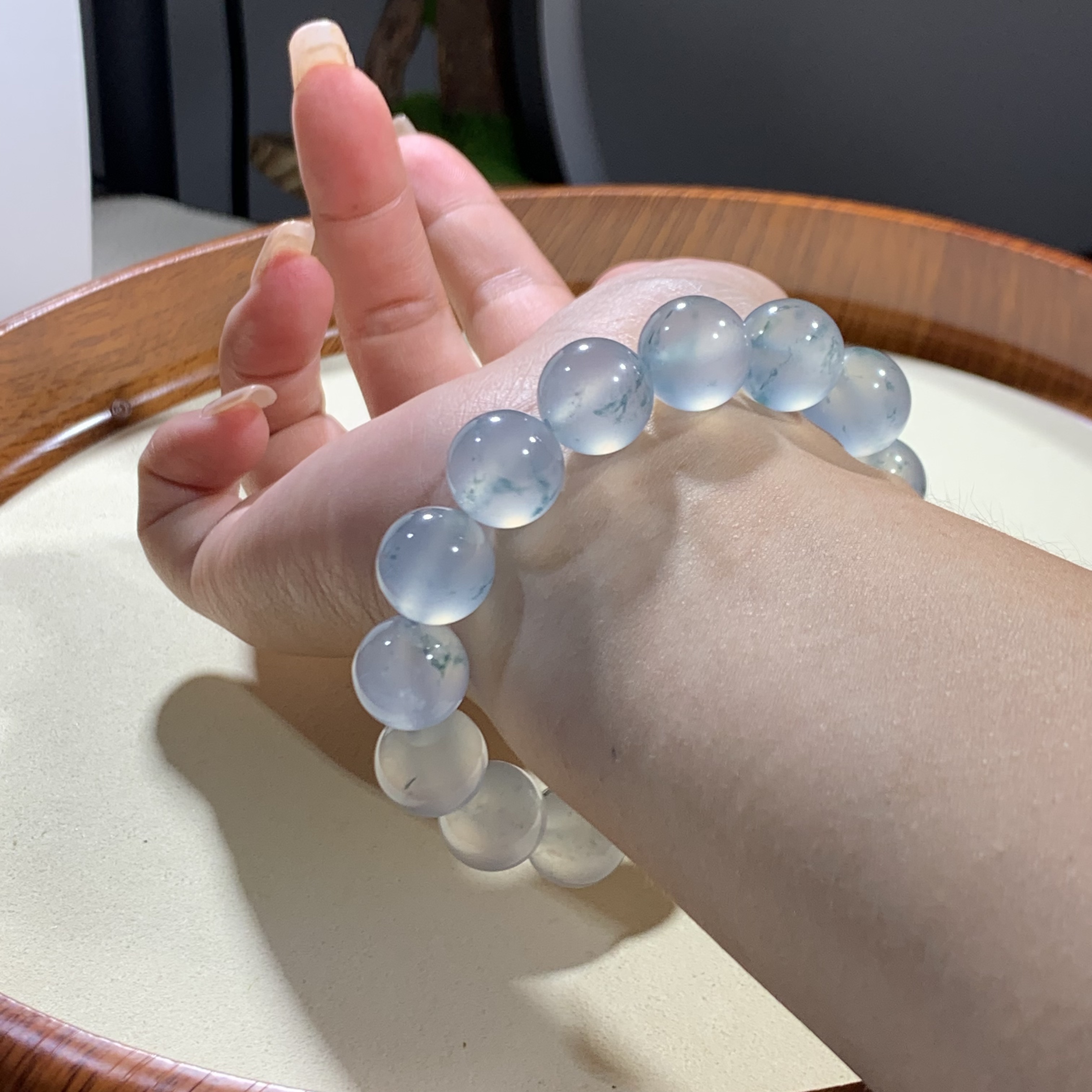 天然缅甸翡翠A货（散珠自选定制多样式）蓝色素圈女款女款单圈冰透