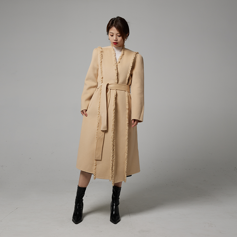 D.Ladies 系腰带公主肩双面羊绒羊毛大衣外套设计师气质秋冬