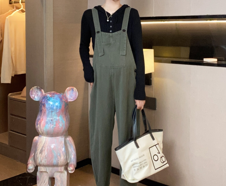 军绿色秋季休闲厚款口袋斜边背带裤56476