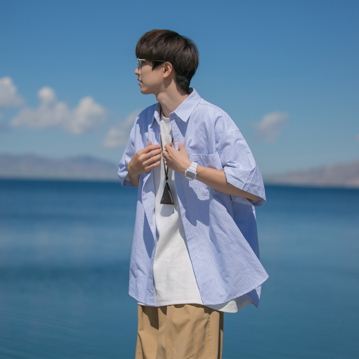 2024夏季新款男上衣小清新条纹CityBoy休闲衬衫短袖衬衣休闲外套