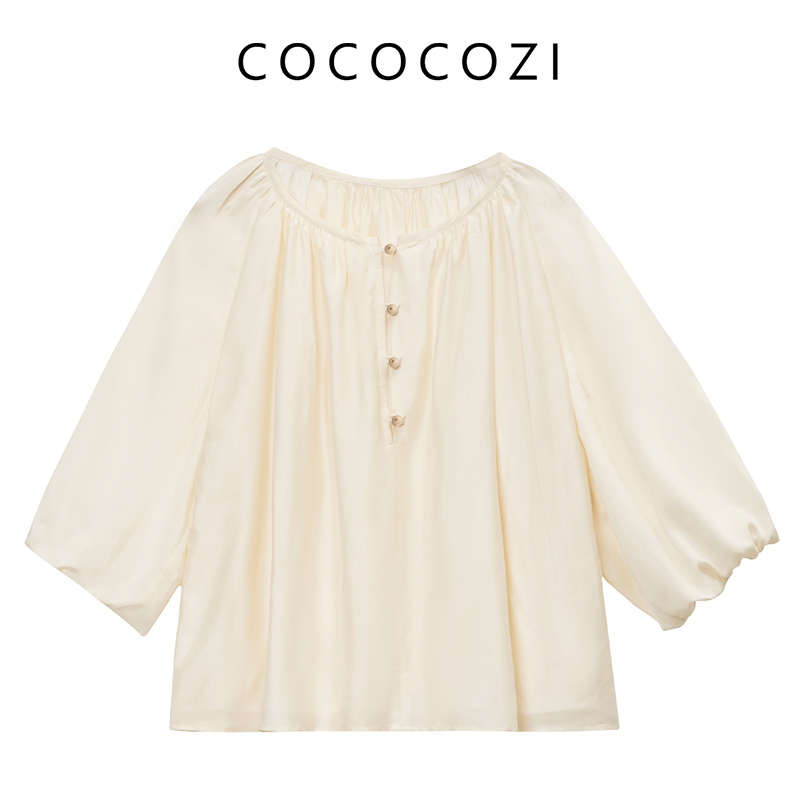 【梦诗专属】气质宽松圆领荷叶边夏季时尚长袖衬衫242CO006CS