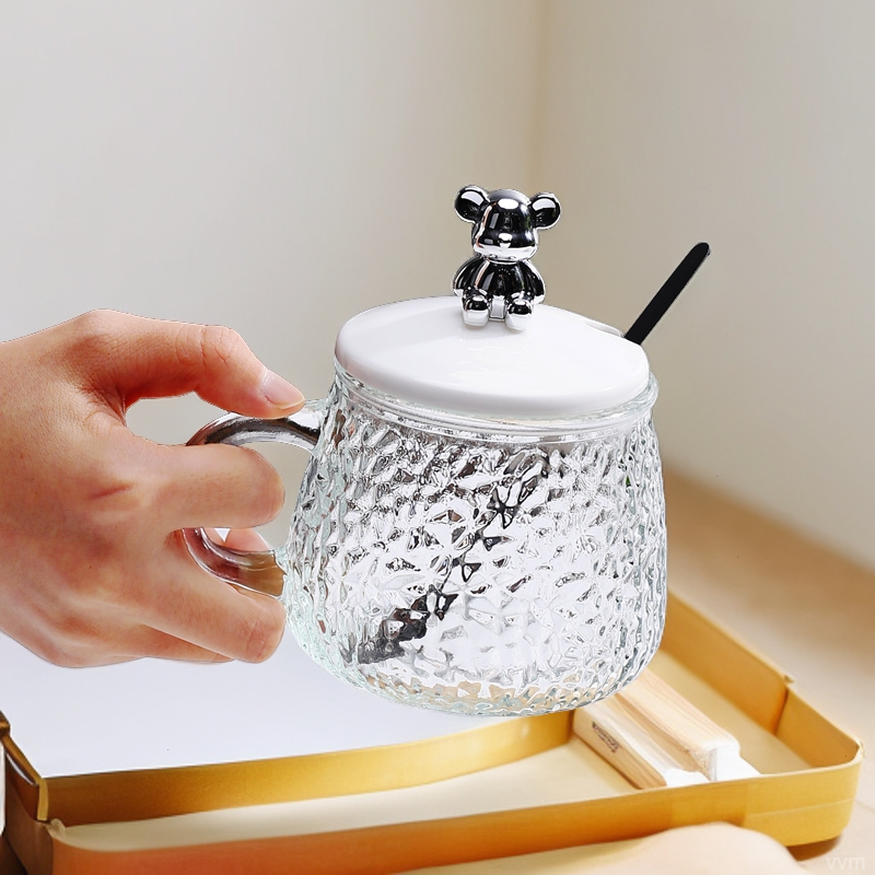茶杯玻璃马克杯锤过滤带盖喝水杯 小熊大容量咖啡杯勺纹食品级盖