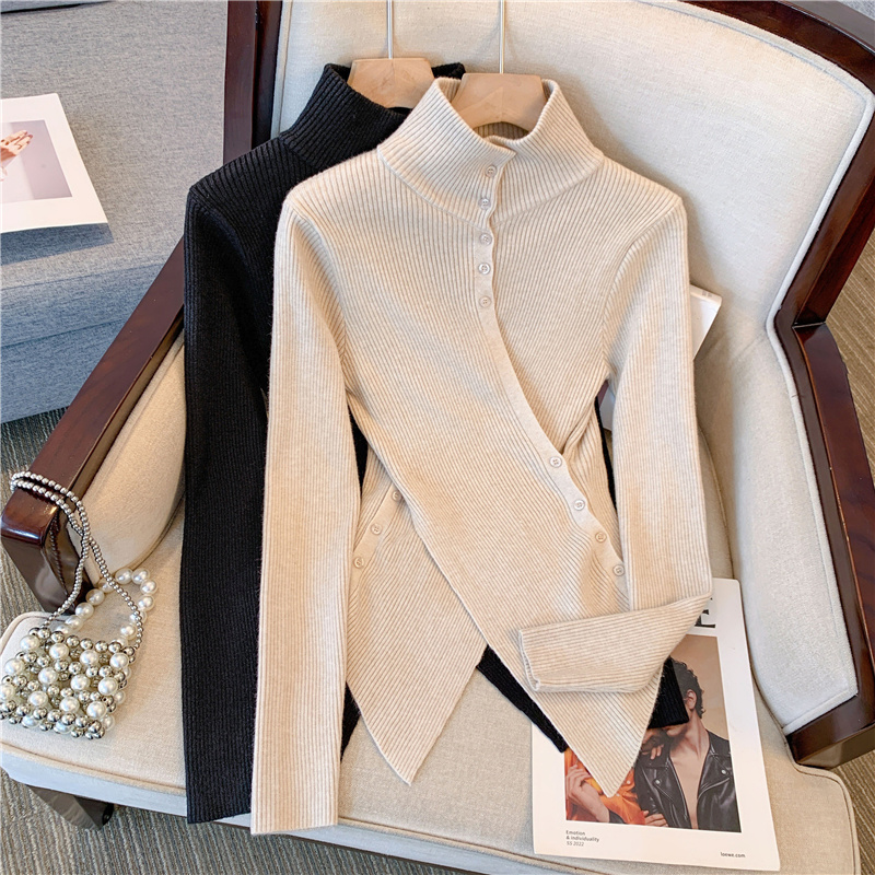 新款冬季时尚设计感交叉不规则半高领针织衫女秋冬内搭打底衫毛衣