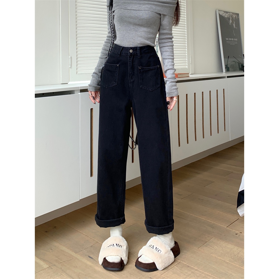 抓绒时尚秋冬老爹裤高腰休闲显瘦复古水泥蓝牛仔裤个性牛仔长裤女
