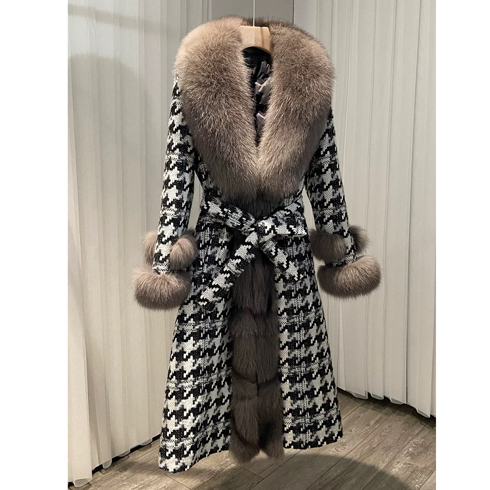【好美狐专属1】气质新款千鸟格狐狸毛长款大衣女装外套
