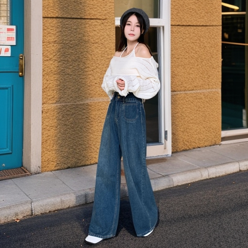 高腰阔腿复古牛仔裤显瘦遮肉早秋新款春秋洋气时尚百搭宽松韩版