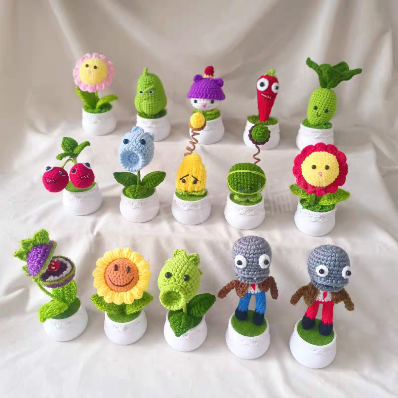 手工毛线盆栽植物大战僵尸系列成品
