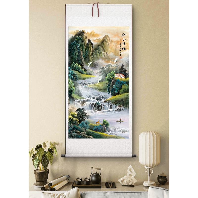 《江山多娇》壁画背胶竖版新中式山水风景客厅卧室玄关装饰画A3