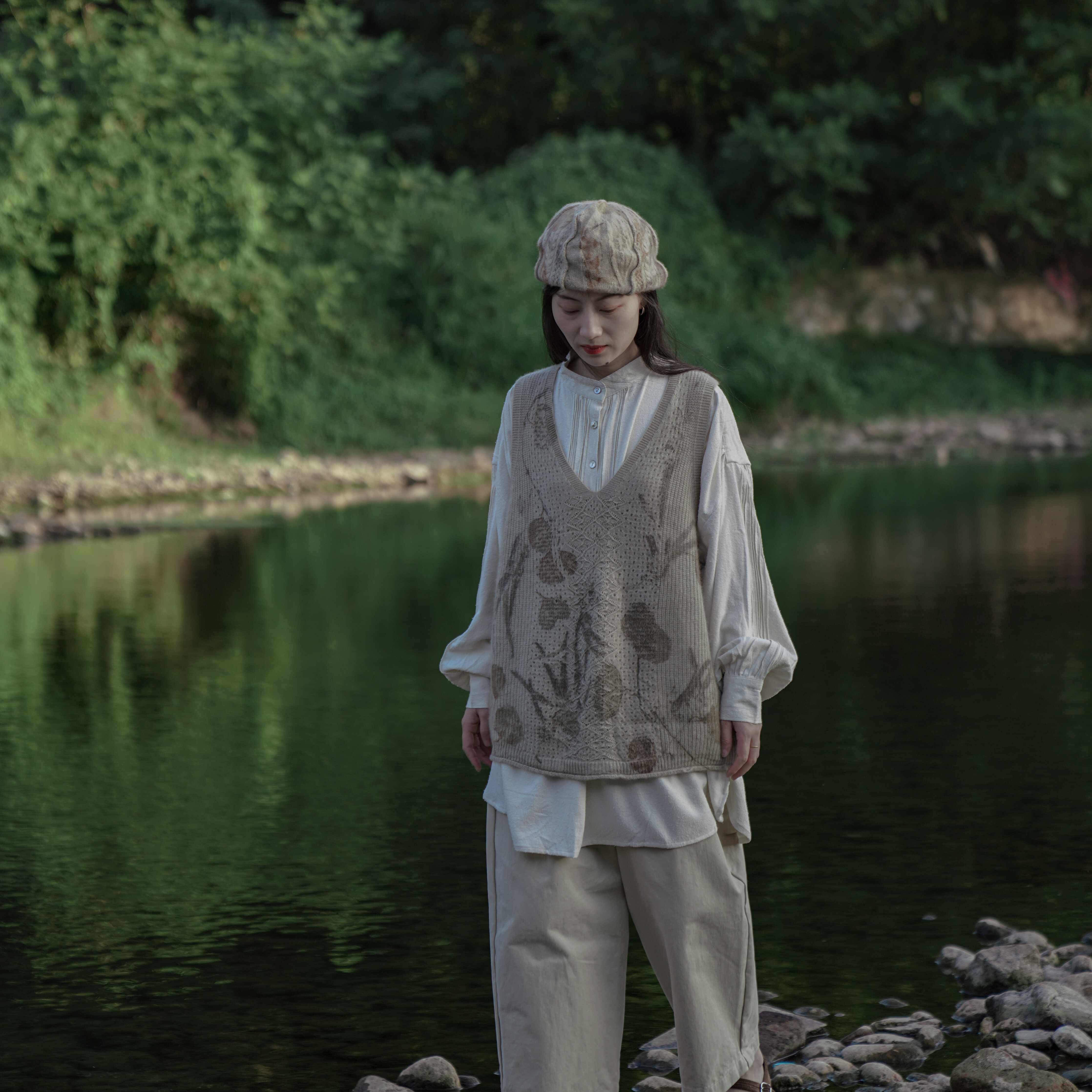 『靑一草木』手工植物热转印山羊绒秋冬文艺保暖柔软细腻马夹背心