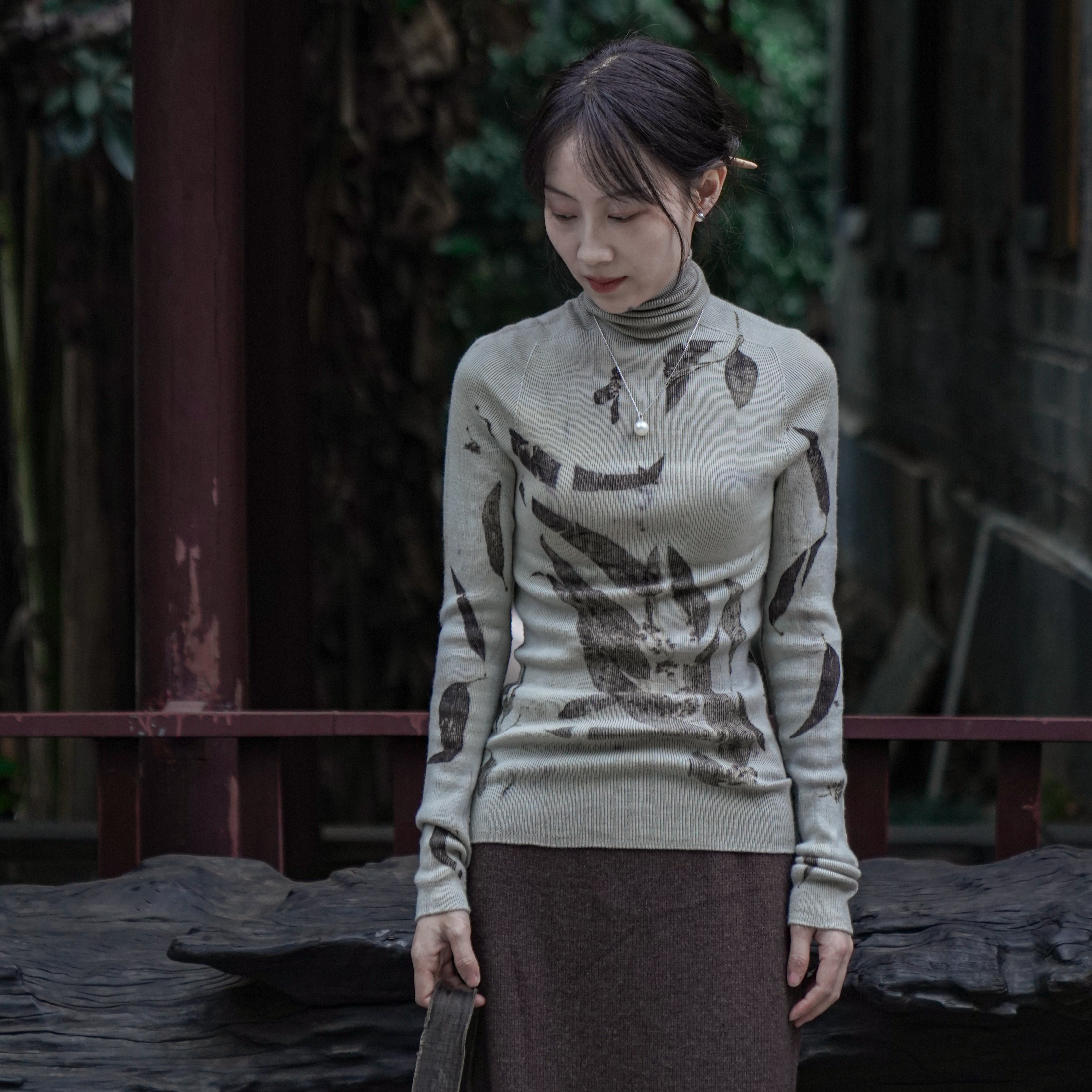 『靑一草木』手工植物染树叶德国进口扬子纱线精纺羊毛高领打底衫