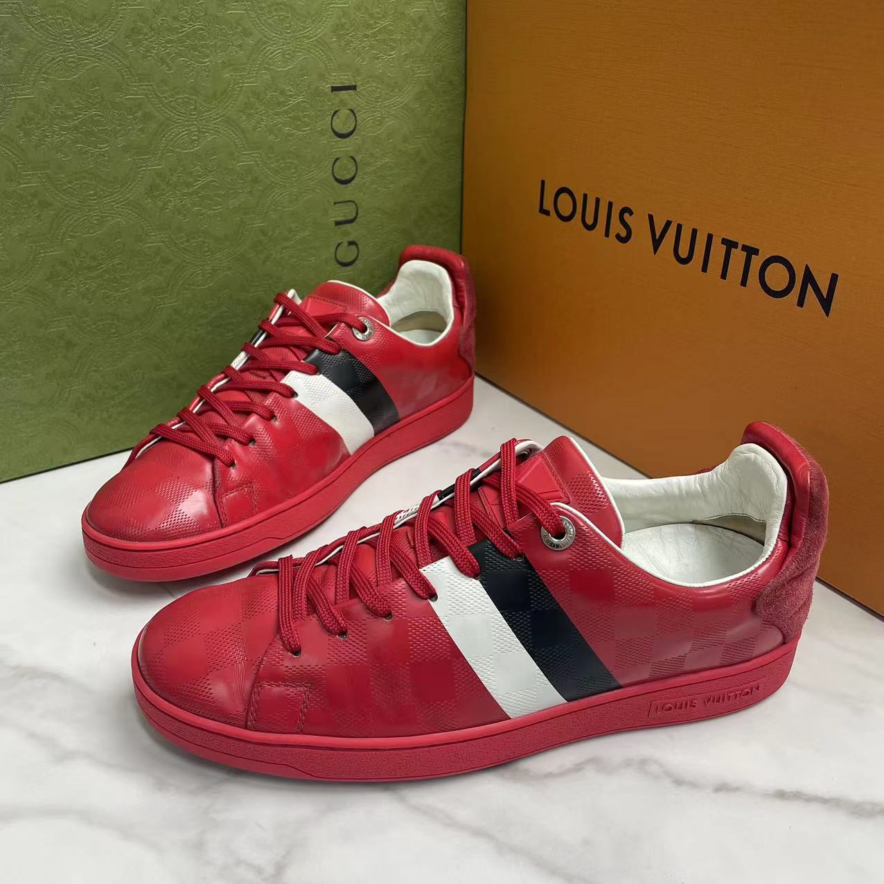 LouisVuitton/路易威登红色棋盘格满印休闲时尚板鞋/40欧/97新